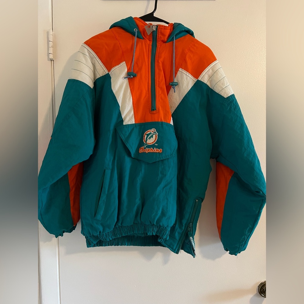 Unisex Vintage Miami Dolphins Starter Qtr Zip Jacket Teal and Orange